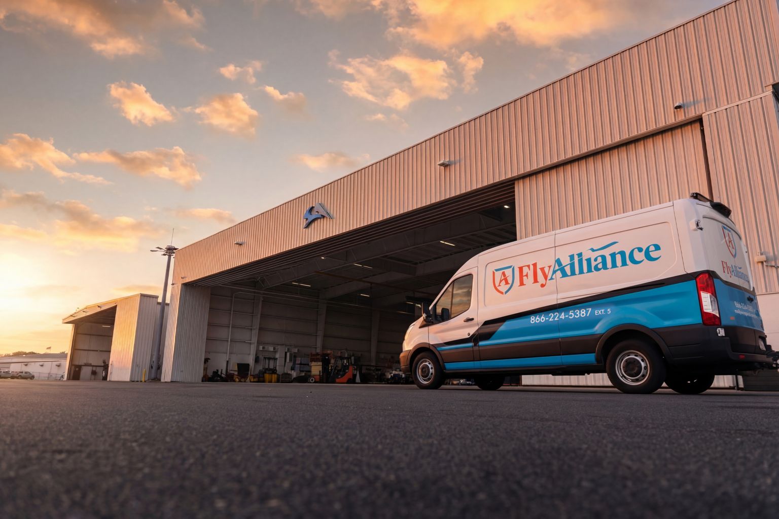 The Fly Alliance hangar at sunset